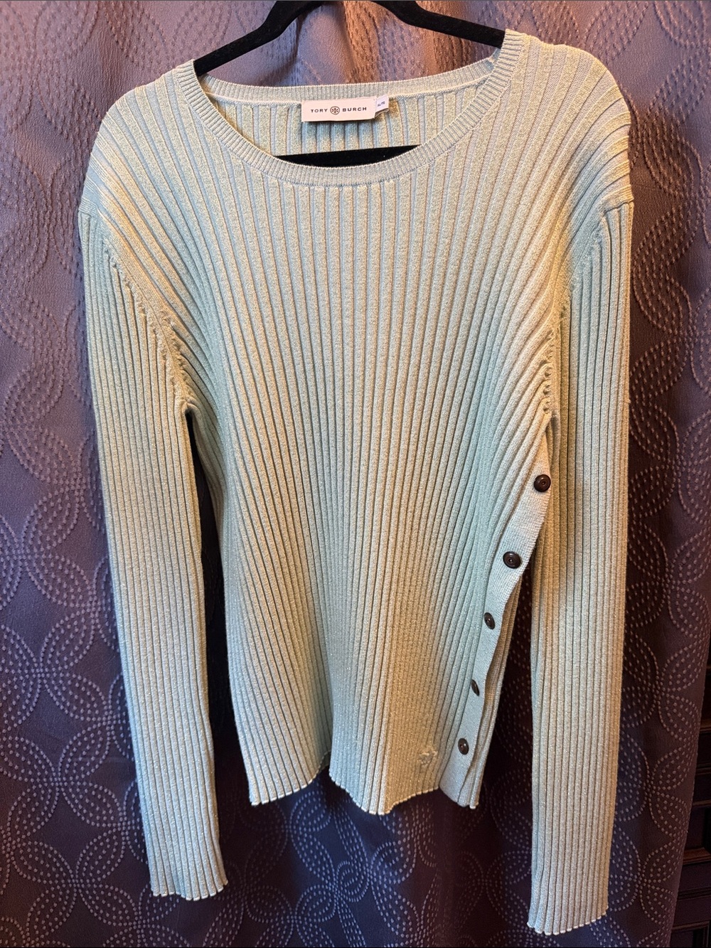 Tory Burch Mint Ribbed Crewneck Sweater with Side Buttons